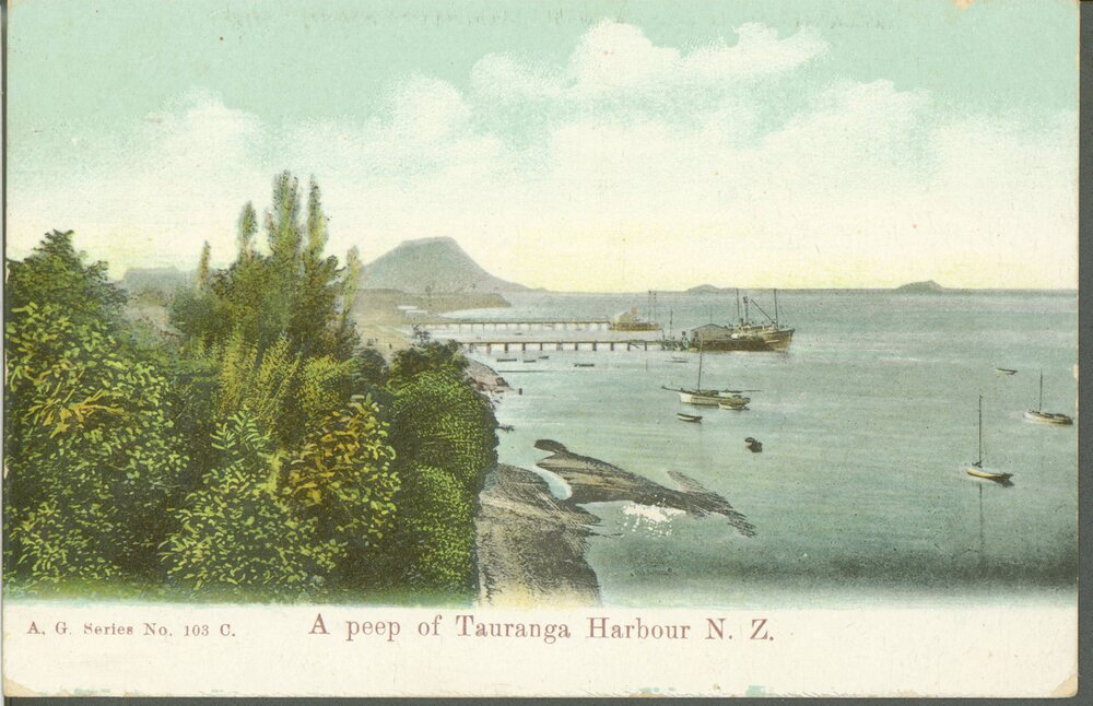 A peep at Tauranga harbour. A.G.Series No 103 C.Reverse: 16.10.08 (handwritten)..Looking north towards Mount Maunganui