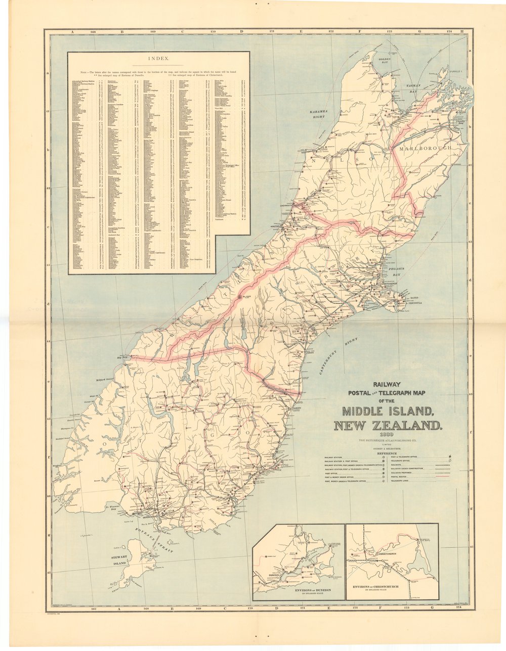 Railway, Postal, and Telegraph Map of North and South Island
