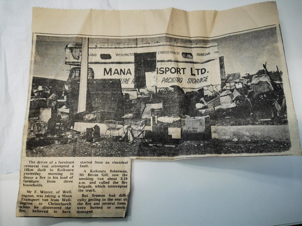 newspaper article describing the electrical fire on a furniture removal van