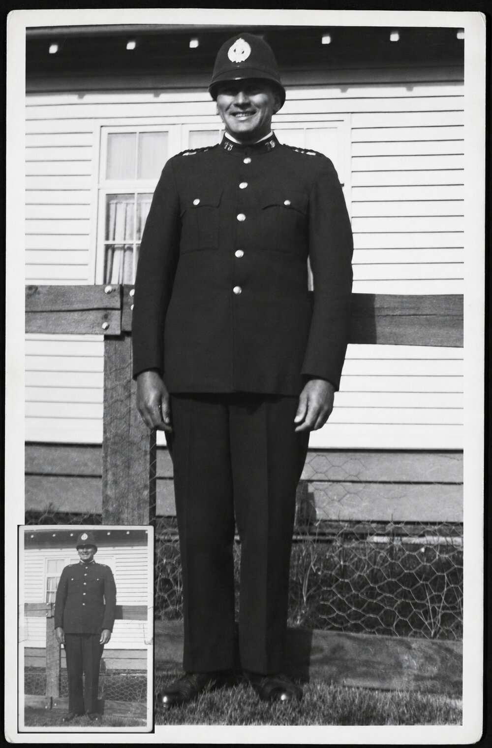 Portrait of Louis Hekenui Bidois, policeman, possibly outside Te Whaiti Police Station in the late 1930s