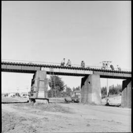 View of repaired concrete pier and replaced span of the railway bridge over Victoria Street, Waihī.