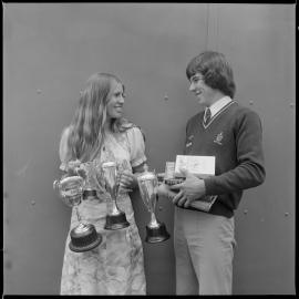 David Jordan, dux, head boy and winner of the best pupil award, and Jill Noble, senior athletics and swimming champion and winner of the sportsman of the year trophy, Katikati College prizegiving.