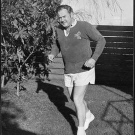 Mr K. R. (Keith Reading) Allen, National party candidate for Tauranga electorate, keeping fit.