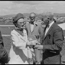 Horse racing. Apollo Eleven's owner Mr J. D. Foote receiving the Bay of Plenty Gold Cup from Mrs R. Silson.