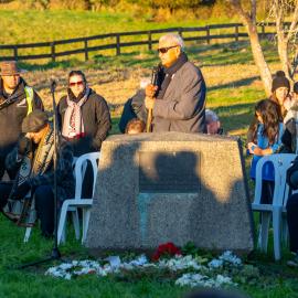 Des Tata of Ngāi Tamarāwaho speaks at the 160th Commemoration of the Battle of Te Ranga