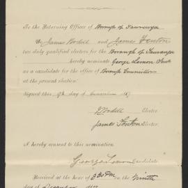 Form of nomination paper for J.L. Jenks, Dec 1887