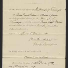 Form of nomination paper for F.S. Western, Dec 1887