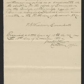 Letter from Francis Smith Western to the returning officer, 10 Dec 1887