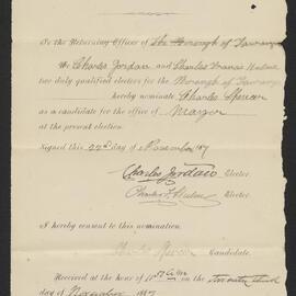 Form of nomination paper for C. Spencer, Nov 1887