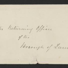 Envelope containing nomination paper for councillor, Tauranga, Nov 1886