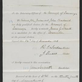 Form of nomination paper for J. Galbraith, Nov 1886
