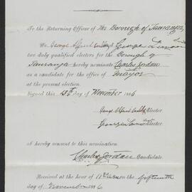 Form of nomination paper for C. Jordan, Nov 1886