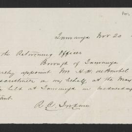Declaration of scrutineer for R.C. Jordan, Nov 1885