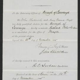 Form of nomination paper for R.C. Jordan, Nov 1885