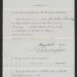 Form of nomination paper for T. Wrigley, Nov 1885