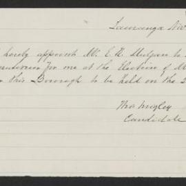 Declaration of scrutineers for T. Wrigley, Nov 1884