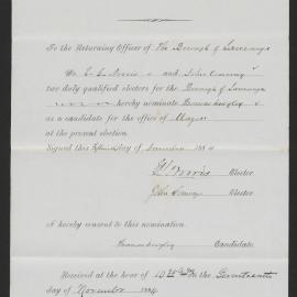 Form of nomination paper for T. Wrigley, Nov 1884
