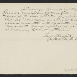 Cover note for nomination papers of Mayor of the Borough of Tauranga, Nov 1884