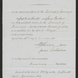 Form of nomination paper for T. Wrigley, Nov 1883