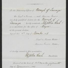 Form of nomination paper for F. Louch, Nov 1883