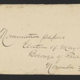 Envelope for nomination papers of Mayor of the Borough of Tauranga, Nov 1883