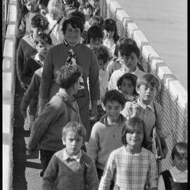 Matapihi Primary School children on rail bridge