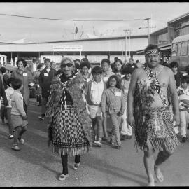 Mauria Henare leads hikoi in Rata St, Mount