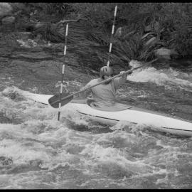 Canoeist, Harold Russ practicing in the Karangahake Gorge river