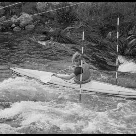 Canoeist, Harold Russ practicing in the Karangahake Gorge river