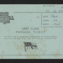 Shaw Savill Line First Class Passage Ticket, 8 Oct 1959