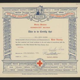 New Zealand Red Cross Society Home Nursing Certificate for Mrs. Beryl Rogers, 20 Sep 1939