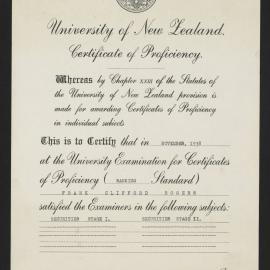 University Examination Certificate of Proficiency Banking Standard for Frank Clifford Rogers, 13 Feb 1939