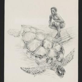 Boy on raft with turtle