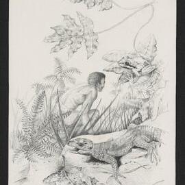 Boy in forest scene with animals