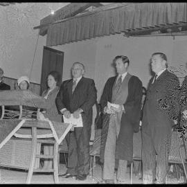 Prime Minister Norman Kirk on stage during a visit to Tauranga Boys' College.