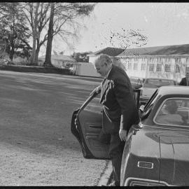Prime Minister Norman Kirk arriving for a visit at Tauranga Boys' College.