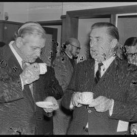 Prime Minister Norman Kirk taking tea with Mayor Bob Owens at Tauranga Boys' College.