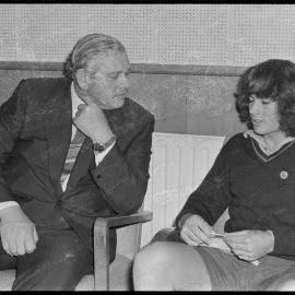 Prime Minister Norman Kirk speaking with Tauranga Boys' College head boy James Stewart.