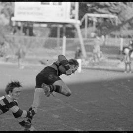 Rugby. Neil Patterson of Greerton tackles Alan Plucke of Cadets in the senior game at Tauranga Domain.