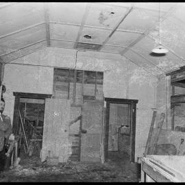 Mr Tom Barnett and reporter (?) inside the woolshed at Shaws Road, south of Te Puke.
