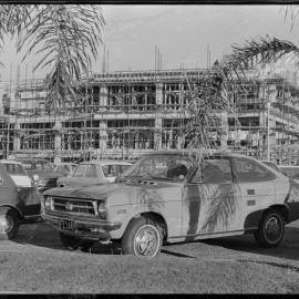 Bay of Plenty Savings Bank building in the Triangle beginning to rise above surrounding buildings.