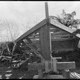 Captain Len Anderson building a half-size replica of the Tauranga scow Alma in his backyard.