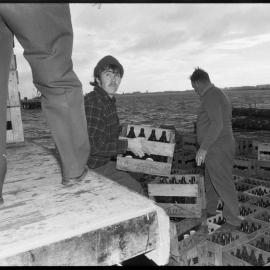 Unloading 36,744 bottles from a barge after a bottle drive on Matakana Island.