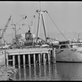 Ships. Capitaine Kermadec, newly acquired by the Sofrana Line, tied up at Mount Maunganui wharf.