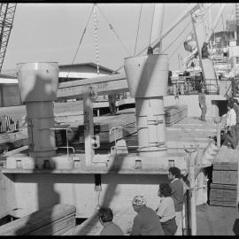 Ships. Capitaine Kermadec, newly acquired by the Sofrana Line, loading general cargo at Mount Maunganui wharf.