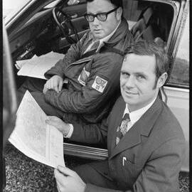 Motor racing. Warwick Sykes and Errol Inwood in Tauranga on a course proving trip for the Shell 74 rally.