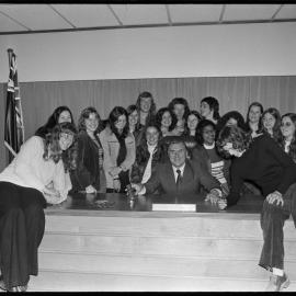 Mayor of Tauranga and Mount Maunganui Mr R. A. Owens welcomes a party of Auckland Teachers College students to Tauranga.