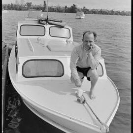 Mr B. Doncaster on the Miss Sharon, moored at Tauranga.