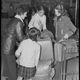 Caroline Fogg, the 1973 California Citrus Queen, being greeted at Auckland International Airport by reigning Bay of Plenty Queen Rosemary Caird.