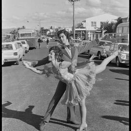 Australian professional ballroom dancers rehearsing outside the Tauranga Moana Community Centre.